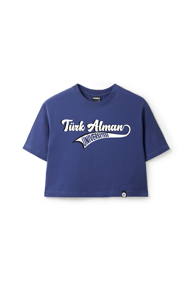 Ronna  Kadın Türk - Alman Üniversitesi Serisi Model 14 Baskılı Oversize Bisiklet Yaka Crop Tshirt - TDB020114 Lacivert - M