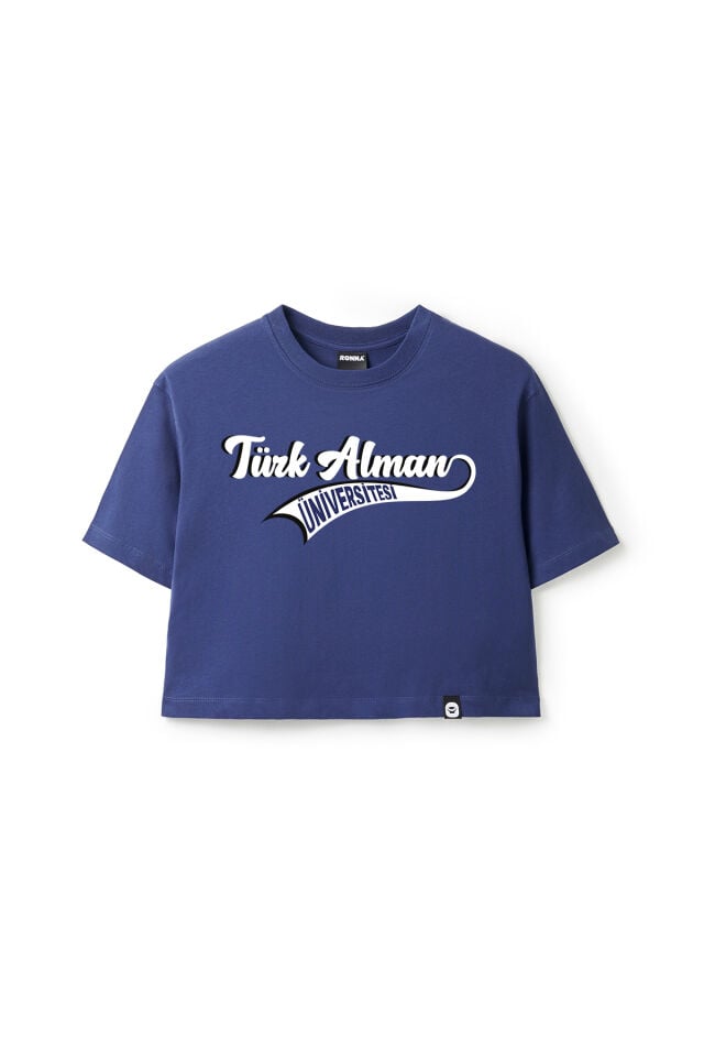 Ronna  Kadın Türk - Alman Üniversitesi Serisi Model 14 Baskılı Oversize Bisiklet Yaka Crop Tshirt - TDB020114 Lacivert - L