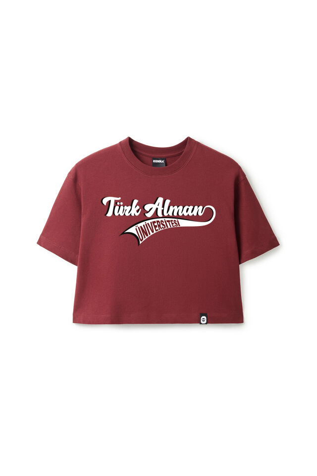 Ronna  Kadın Türk - Alman Üniversitesi Serisi Model 14 Baskılı Oversize Bisiklet Yaka Crop Tshirt - TDB020114 Bordo - M