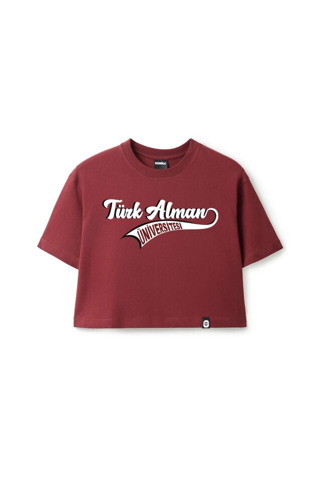 Ronna  Kadın Türk - Alman Üniversitesi Serisi Model 14 Baskılı Oversize Bisiklet Yaka Crop Tshirt - TDB020114 Bordo - L