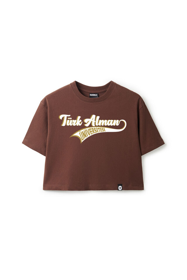 Ronna  Kadın Türk - Alman Üniversitesi Serisi Model 14 Baskılı Oversize Bisiklet Yaka Crop Tshirt - TDB020114 Kahverengi - L