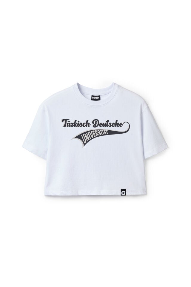 Ronna  Kadın Türk - Alman Üniversitesi Serisi Model 15 Baskılı Oversize Bisiklet Yaka Crop Tshirt - TDB020115 Beyaz - L
