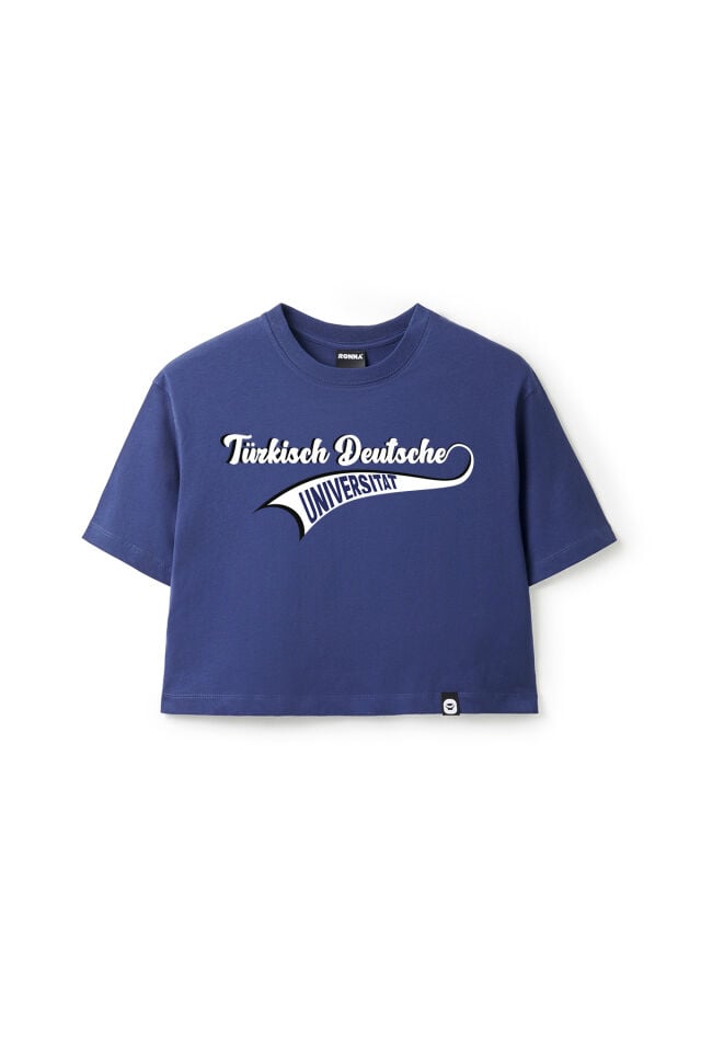 Ronna  Kadın Türk - Alman Üniversitesi Serisi Model 15 Baskılı Oversize Bisiklet Yaka Crop Tshirt - TDB020115 Lacivert - L