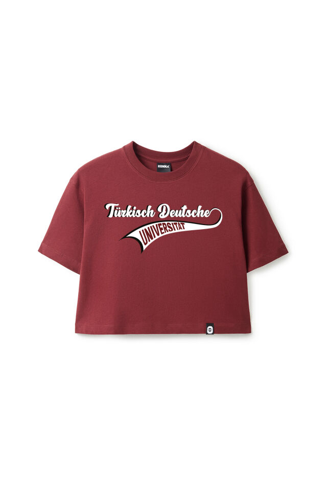 Ronna  Kadın Türk - Alman Üniversitesi Serisi Model 15 Baskılı Oversize Bisiklet Yaka Crop Tshirt - TDB020115 Bordo - M