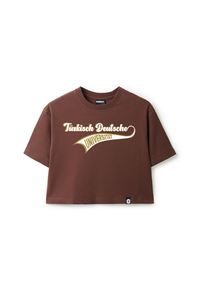 Ronna  Kadın Türk - Alman Üniversitesi Serisi Model 15 Baskılı Oversize Bisiklet Yaka Crop Tshirt - TDB020115 Kahverengi - L