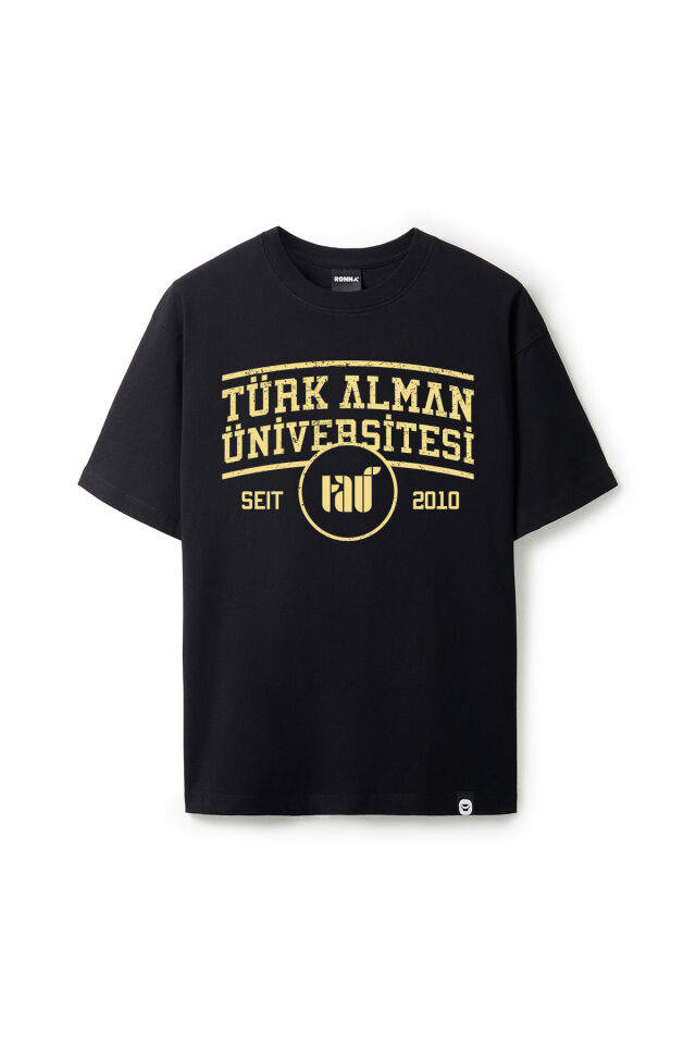 Ronna  Unisex Türk - Alman Üniversitesi Serisi Model 1  Baskılı Oversize Bisiklet Yaka Tshirt  - TDB010101 Siyah - XL