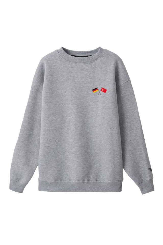 Ronna  Unisex Türk - Alman Üniversitesi Serisi Model 6 Baskılı Oversize Bisiklet Yaka Sweatshirt - TDB040106 Gri Melanj - XXL