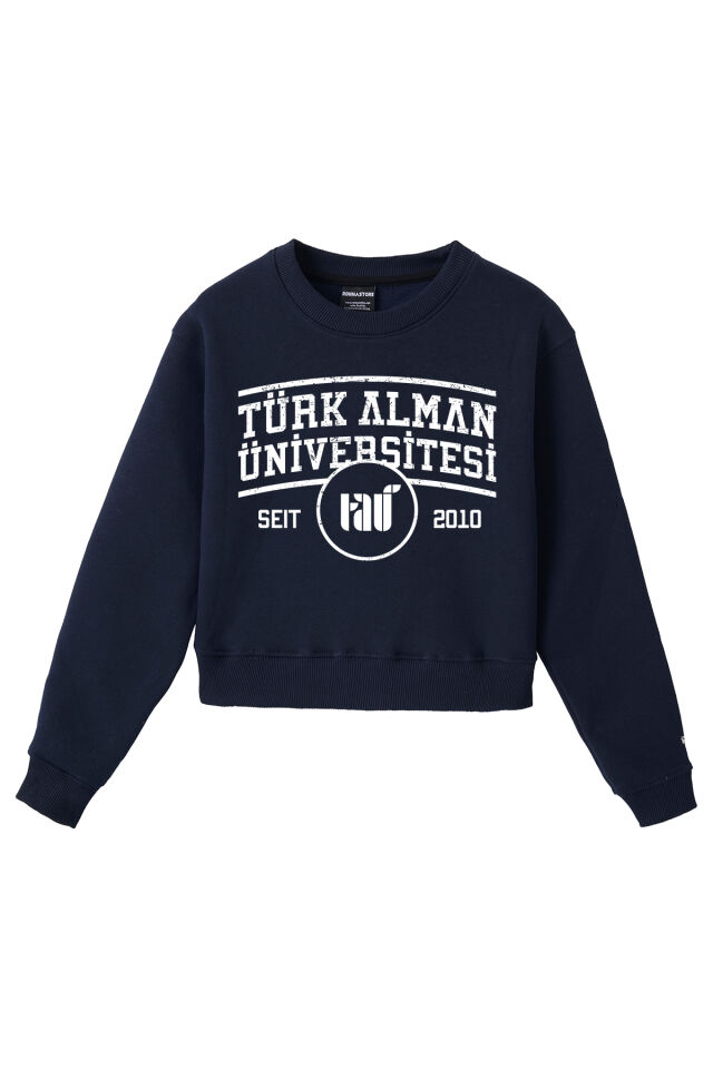 Ronna  Kadın Türk - Alman Üniversitesi Serisi Model 1  Baskılı Oversize Bisiklet Yaka Crop Sweatshirt  - TDB050101 Lacivert - M