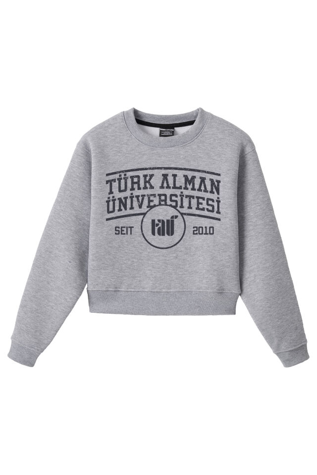Ronna  Kadın Türk - Alman Üniversitesi Serisi Model 1  Baskılı Oversize Bisiklet Yaka Crop Sweatshirt  - TDB050101 Gri Melanj - L