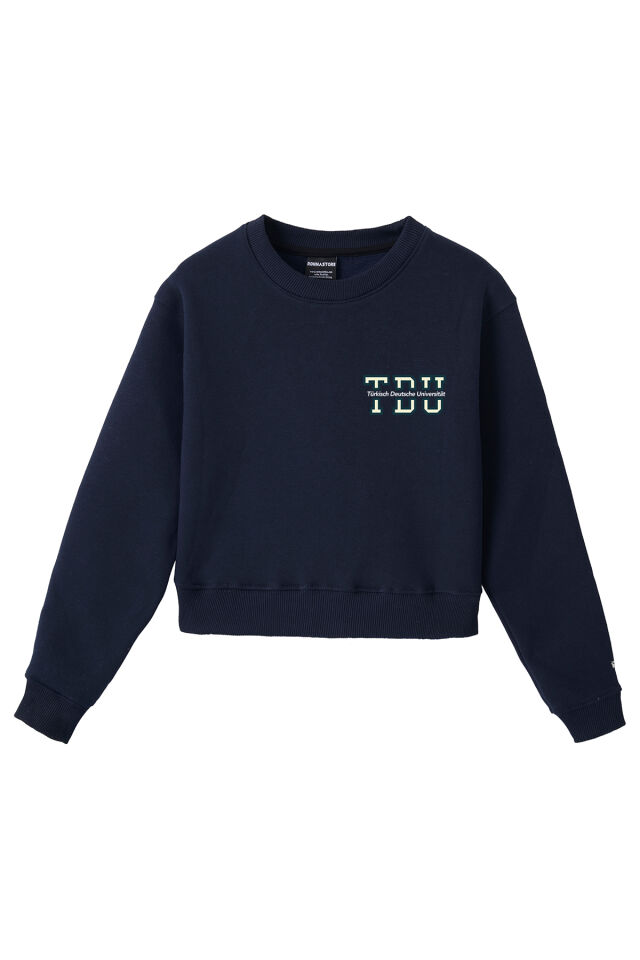 Ronna  Kadın Türk - Alman Üniversitesi Serisi Model 2 Baskılı Oversize Bisiklet Yaka Crop Sweatshirt  - TDB050102 Lacivert - L