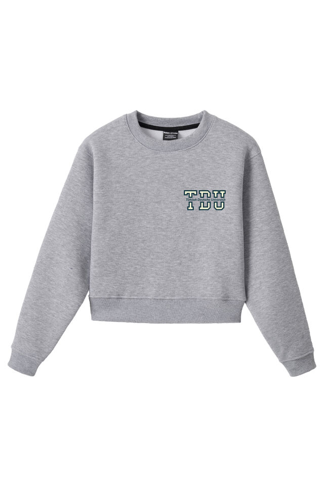 Ronna  Kadın Türk - Alman Üniversitesi Serisi Model 2 Baskılı Oversize Bisiklet Yaka Crop Sweatshirt  - TDB050102 Gri Melanj - L