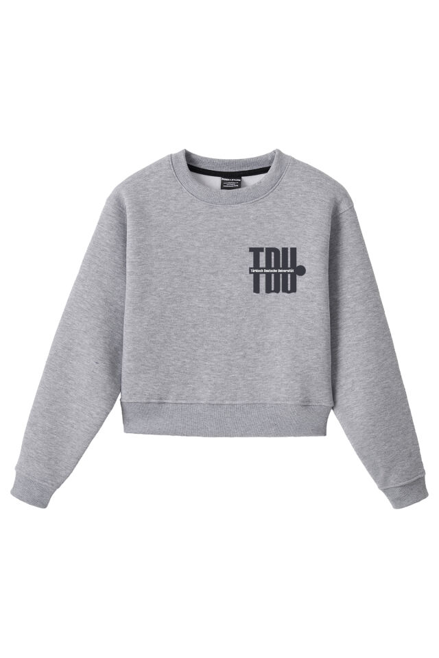 Ronna  Kadın Türk - Alman Üniversitesi Serisi Model 3 Baskılı Oversize Bisiklet Yaka Crop Sweatshirt  - TDB050103 Gri Melanj - L