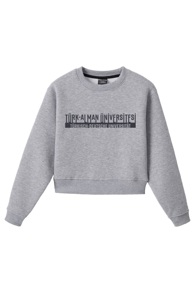 Ronna  Kadın Türk - Alman Üniversitesi Serisi Model 4 Baskılı Oversize Bisiklet Yaka Crop Sweatshirt  - TDB050104 Gri Melanj - L