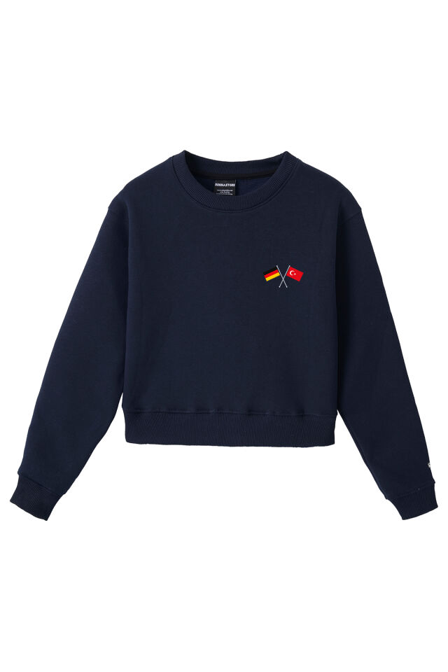 Ronna  Kadın Türk - Alman Üniversitesi Serisi Model 6 Baskılı Oversize Bisiklet Yaka Crop Sweatshirt  - TDB050106 Lacivert - L
