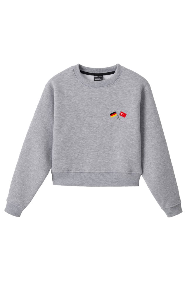 Ronna  Kadın Türk - Alman Üniversitesi Serisi Model 6 Baskılı Oversize Bisiklet Yaka Crop Sweatshirt  - TDB050106 Gri Melanj - L