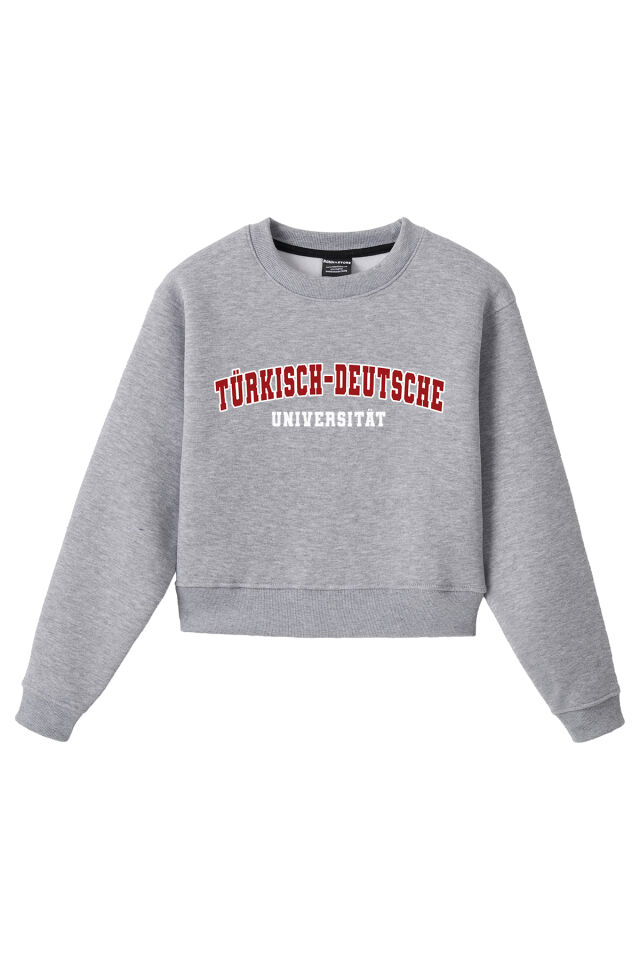 Ronna  Kadın Türk - Alman Üniversitesi Serisi Model 7 Baskılı Oversize Bisiklet Yaka Crop Sweatshirt  - TDB050107 Gri Melanj - L
