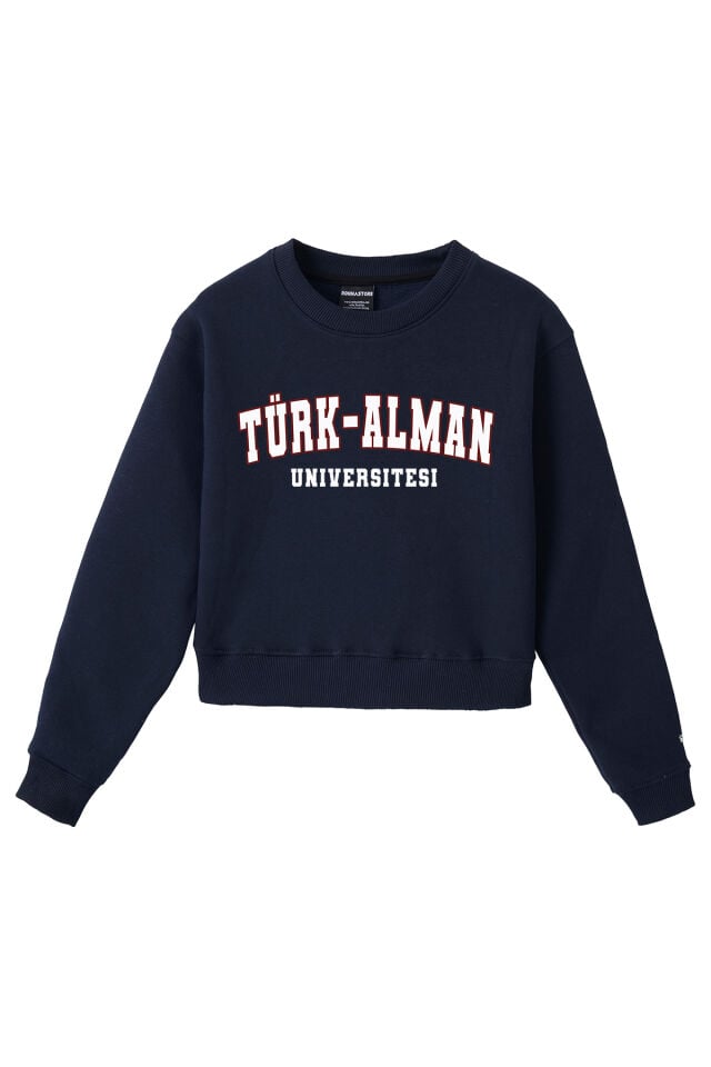 Ronna  Kadın Türk - Alman Üniversitesi Serisi Model 8 Baskılı Oversize Bisiklet Yaka Crop Sweatshirt  - TDB050108 Lacivert - L