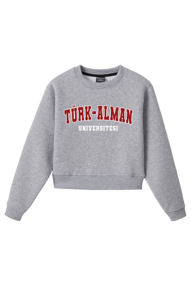 Ronna  Kadın Türk - Alman Üniversitesi Serisi Model 8 Baskılı Oversize Bisiklet Yaka Crop Sweatshirt  - TDB050108 Gri Melanj - M