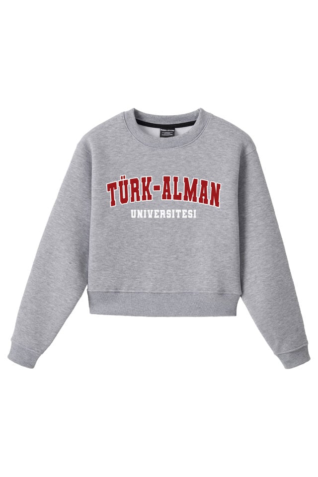 Ronna  Kadın Türk - Alman Üniversitesi Serisi Model 8 Baskılı Oversize Bisiklet Yaka Crop Sweatshirt  - TDB050108 Gri Melanj - L