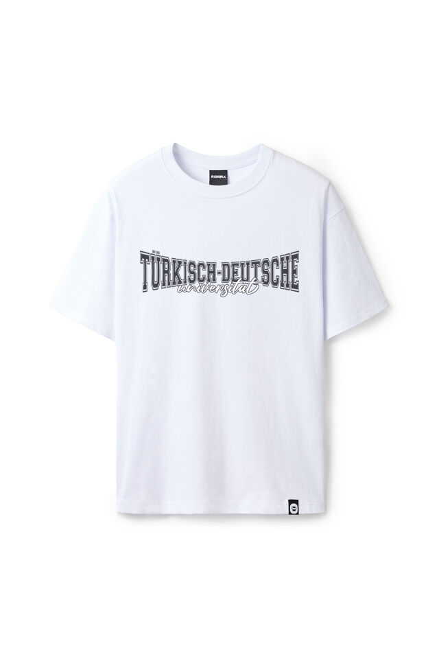 Ronna  Unisex Türk - Alman Üniversitesi Serisi Model 11 Baskılı Oversize Bisiklet Yaka Tshirt  - TDB010111 Beyaz - XL
