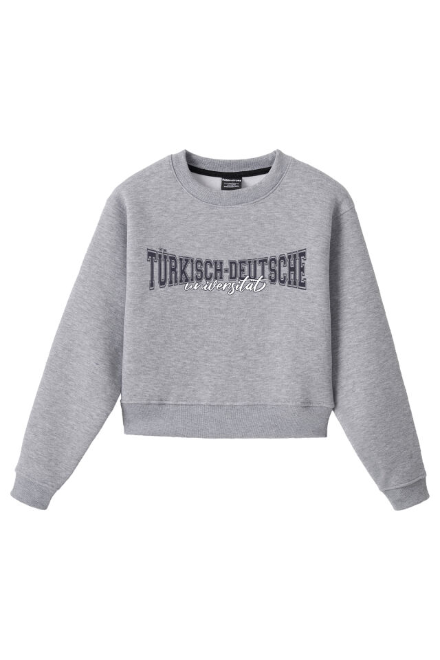 Ronna  Kadın Türk - Alman Üniversitesi Serisi Model 11 Baskılı Oversize Bisiklet Yaka Crop Sweatshirt  - TDB050111 Gri Melanj - L