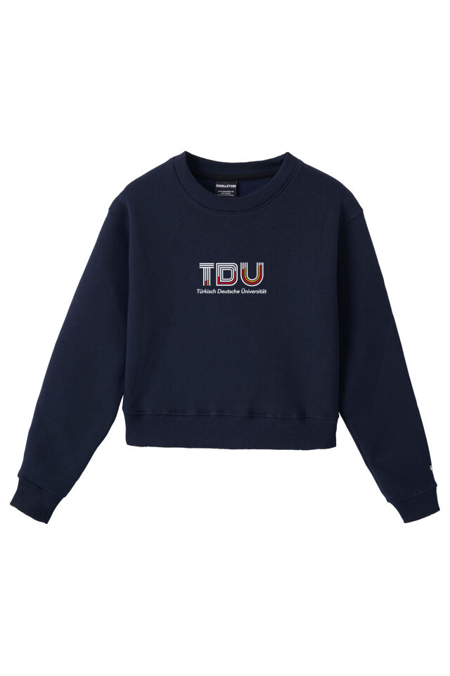 Ronna  Kadın Türk - Alman Üniversitesi Serisi Model 13 Baskılı Oversize Bisiklet Yaka Crop Sweatshirt  - TDB050113 Lacivert - L