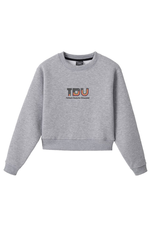 Ronna  Kadın Türk - Alman Üniversitesi Serisi Model 13 Baskılı Oversize Bisiklet Yaka Crop Sweatshirt  - TDB050113 Gri Melanj - L
