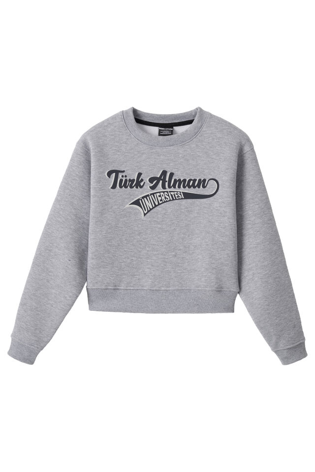 Ronna  Kadın Türk - Alman Üniversitesi Serisi Model 14 Baskılı Oversize Bisiklet Yaka Crop Sweatshirt  - TDB050114 Gri Melanj - L