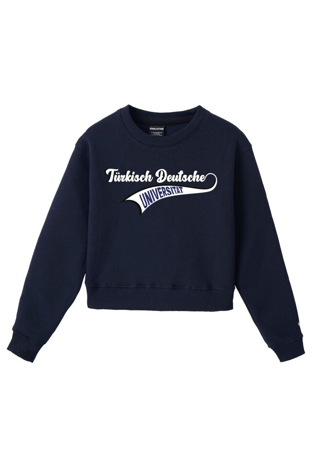 Ronna  Kadın Türk - Alman Üniversitesi Serisi Model 15 Baskılı Oversize Bisiklet Yaka Crop Sweatshirt  - TDB050115 Lacivert - L