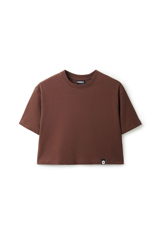 Ronna  Kadın Basic Serisi Basic Oversize Bisiklet Yaka Crop Tshirt - BBE020101 Kahverengi - L