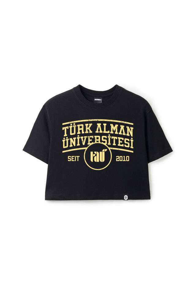Ronna  Kadın Türk - Alman Üniversitesi Serisi Model 1  Baskılı Oversize Bisiklet Yaka Crop Tshirt - TDB020101 Siyah - L