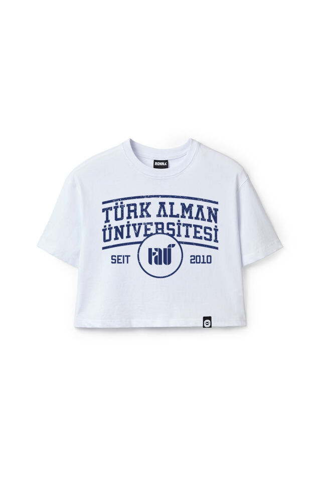 Ronna  Kadın Türk - Alman Üniversitesi Serisi Model 1  Baskılı Oversize Bisiklet Yaka Crop Tshirt - TDB020101 Beyaz - L