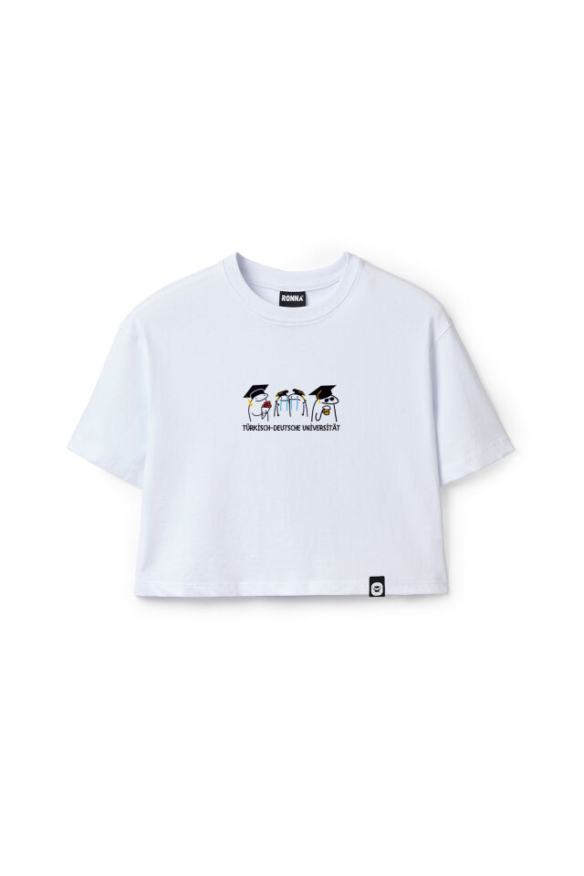 Ronna  Kadın Türk - Alman Üniversitesi Serisi Model 16 Baskılı Oversize Bisiklet Yaka Crop Tshirt - TDB020116 Beyaz - M