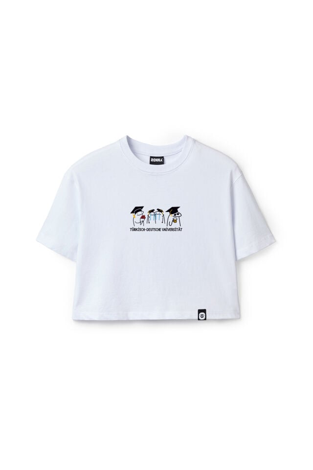 Ronna  Kadın Türk - Alman Üniversitesi Serisi Model 16 Baskılı Oversize Bisiklet Yaka Crop Tshirt - TDB020116 Beyaz - L
