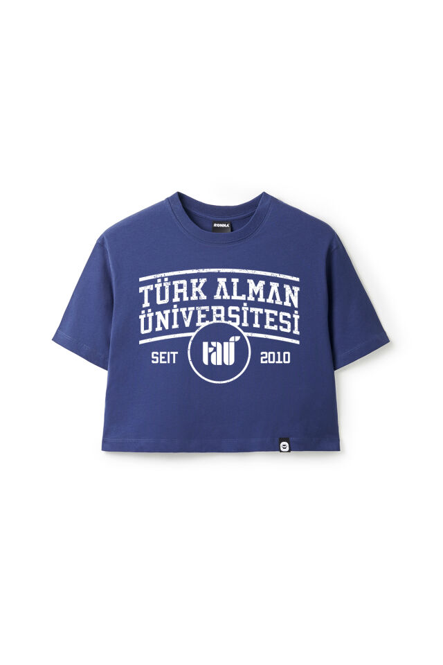 Ronna  Kadın Türk - Alman Üniversitesi Serisi Model 1  Baskılı Oversize Bisiklet Yaka Crop Tshirt - TDB020101 Lacivert - L