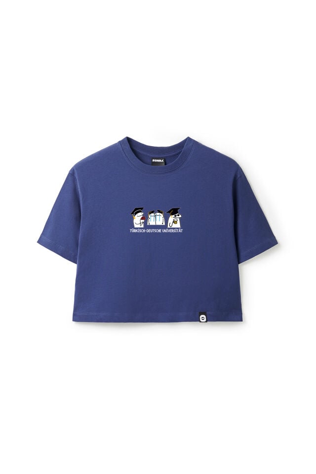 Ronna  Kadın Türk - Alman Üniversitesi Serisi Model 16 Baskılı Oversize Bisiklet Yaka Crop Tshirt - TDB020116 Lacivert - L