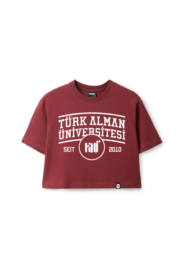 Ronna  Kadın Türk - Alman Üniversitesi Serisi Model 1  Baskılı Oversize Bisiklet Yaka Crop Tshirt - TDB020101 Bordo - L