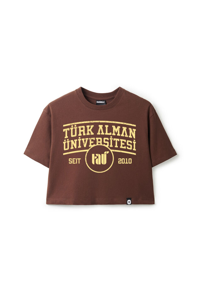 Ronna  Kadın Türk - Alman Üniversitesi Serisi Model 1  Baskılı Oversize Bisiklet Yaka Crop Tshirt - TDB020101 Kahverengi - L