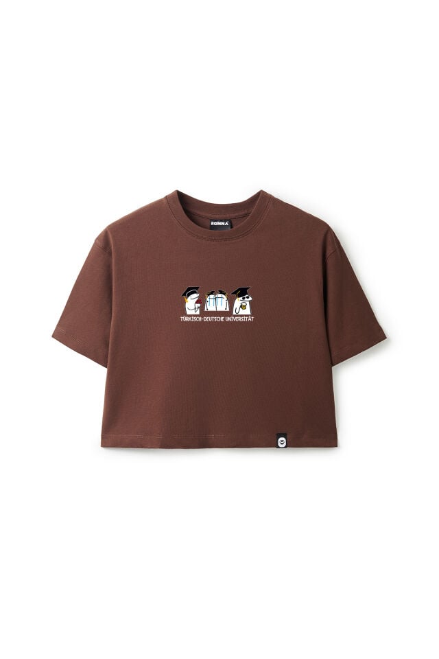 Ronna  Kadın Türk - Alman Üniversitesi Serisi Model 16 Baskılı Oversize Bisiklet Yaka Crop Tshirt - TDB020116 Kahverengi - M