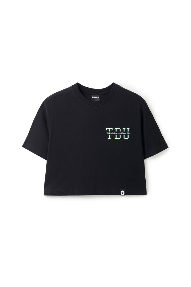 Ronna  Kadın Türk - Alman Üniversitesi Serisi Model 2 Baskılı Oversize Bisiklet Yaka Crop Tshirt - TDB020102 Siyah - L