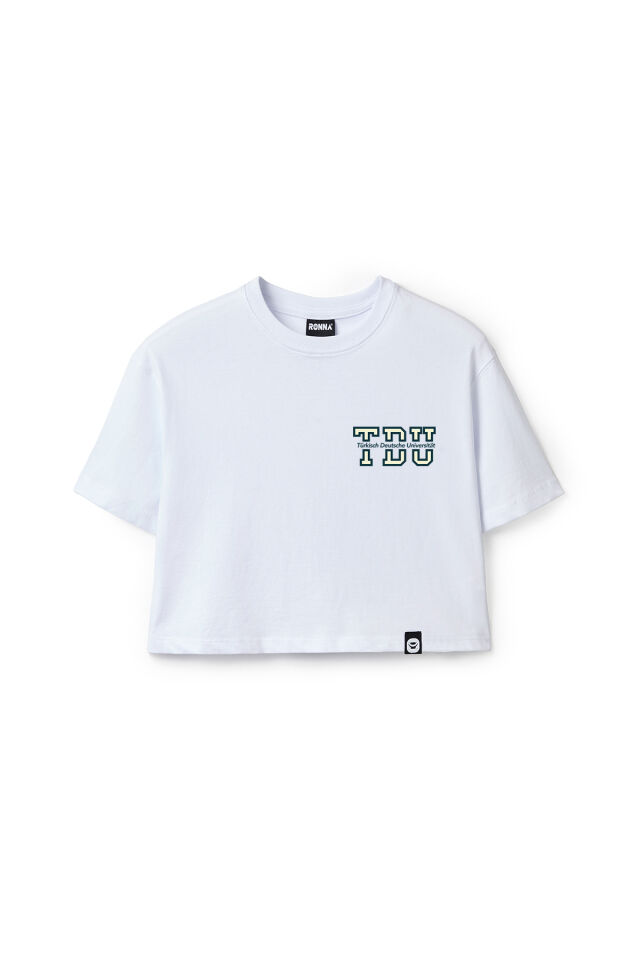 Ronna  Kadın Türk - Alman Üniversitesi Serisi Model 2 Baskılı Oversize Bisiklet Yaka Crop Tshirt - TDB020102 Beyaz - L