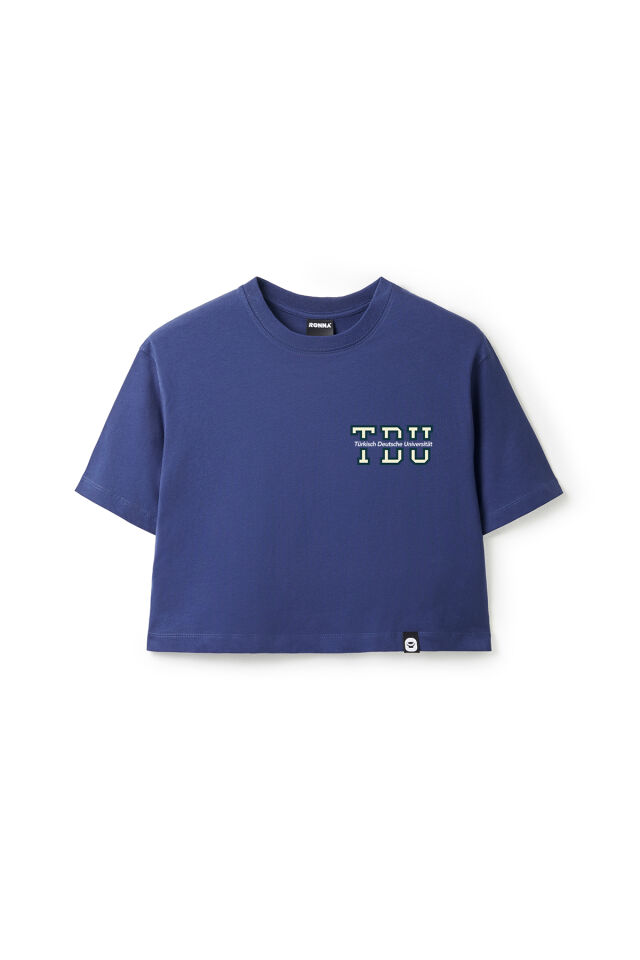 Ronna  Kadın Türk - Alman Üniversitesi Serisi Model 2 Baskılı Oversize Bisiklet Yaka Crop Tshirt - TDB020102 Lacivert - L