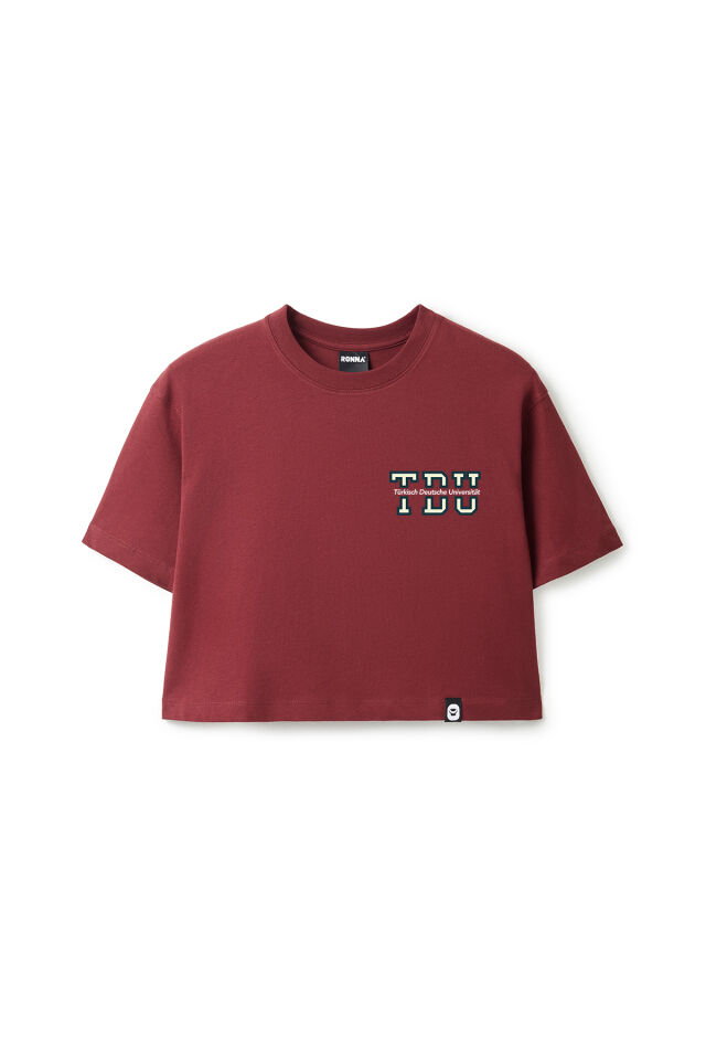 Ronna  Kadın Türk - Alman Üniversitesi Serisi Model 2 Baskılı Oversize Bisiklet Yaka Crop Tshirt - TDB020102 Bordo - M