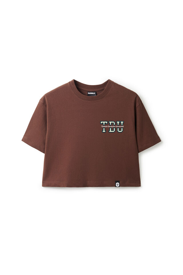 Ronna  Kadın Türk - Alman Üniversitesi Serisi Model 2 Baskılı Oversize Bisiklet Yaka Crop Tshirt - TDB020102 Kahverengi - L