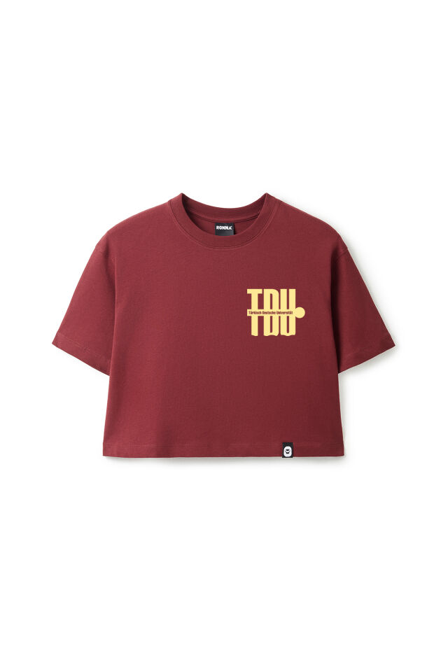 Ronna  Kadın Türk - Alman Üniversitesi Serisi Model 3 Baskılı Oversize Bisiklet Yaka Crop Tshirt - TDB020103 Bordo - L