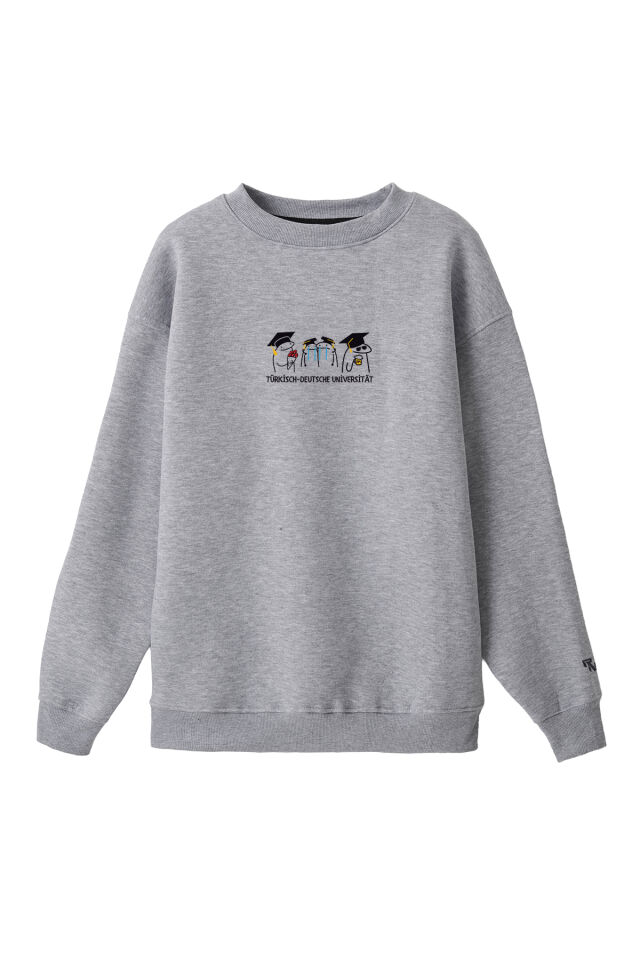 Ronna  Unisex Türk - Alman Üniversitesi Serisi Model 16 Baskılı Oversize Bisiklet Yaka Sweatshirt - TDB040116 Gri Melanj - XXL