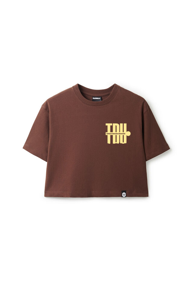Ronna  Kadın Türk - Alman Üniversitesi Serisi Model 3 Baskılı Oversize Bisiklet Yaka Crop Tshirt - TDB020103 Kahverengi - L