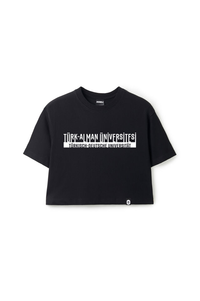 Ronna  Kadın Türk - Alman Üniversitesi Serisi Model 4 Baskılı Oversize Bisiklet Yaka Crop Tshirt - TDB020104 Siyah - L
