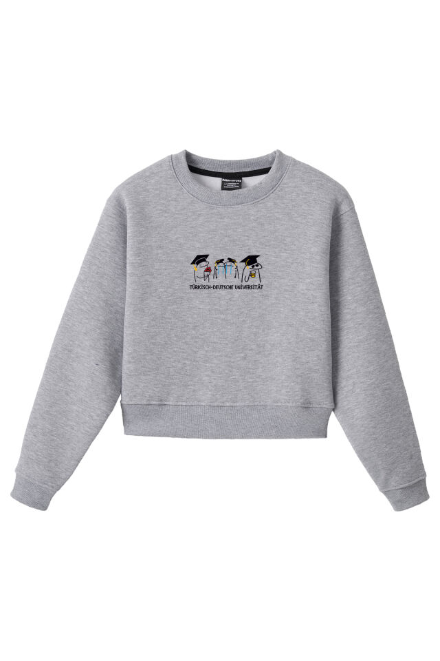 Ronna  Kadın Türk - Alman Üniversitesi Serisi Model 16 Baskılı Oversize Bisiklet Yaka Crop Sweatshirt  - TDB050116 Gri Melanj - L