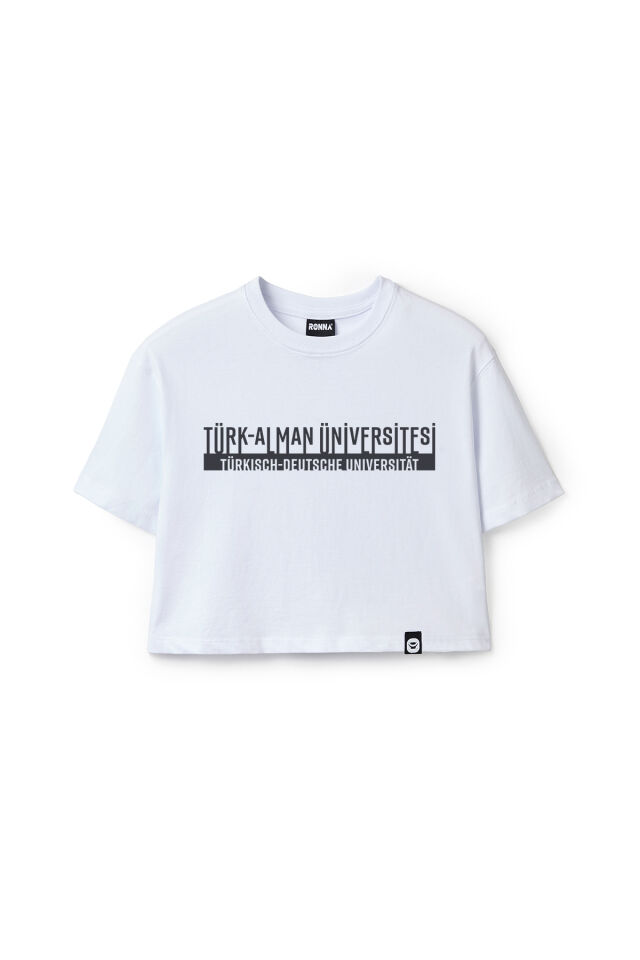Ronna  Kadın Türk - Alman Üniversitesi Serisi Model 4 Baskılı Oversize Bisiklet Yaka Crop Tshirt - TDB020104 Beyaz - M